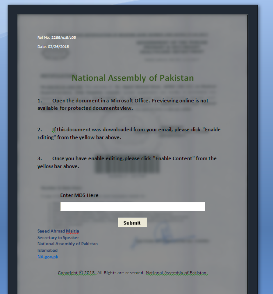 Document purporting to be from the National Assembly of Pakistan