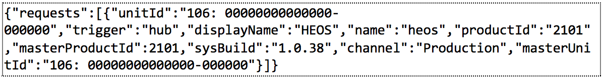 「HEOS」パッケージの現在のバージョンを含む JSON リクエスト オブジェクト