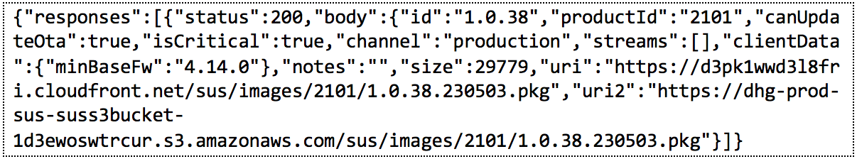 The JSON response containing URLs for the software update