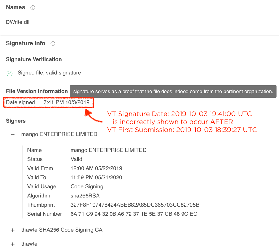 Inconsistency in VirusTotal file signature timestamps for the signed BOOSTWRITE sample