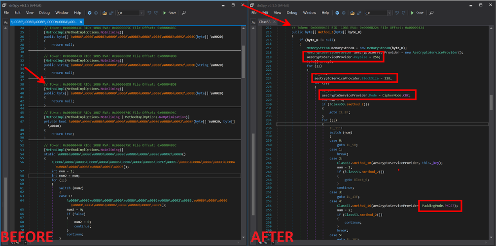 Method 0x0600043 before and after fixing the assembly