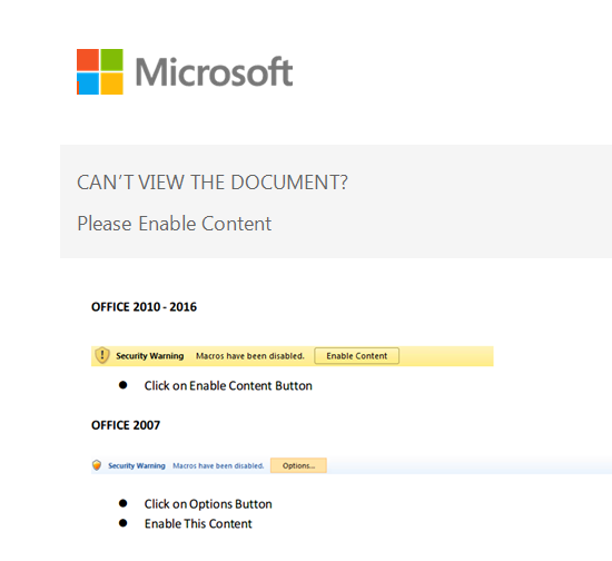 Lure suggesting the user to enable Macros to see content