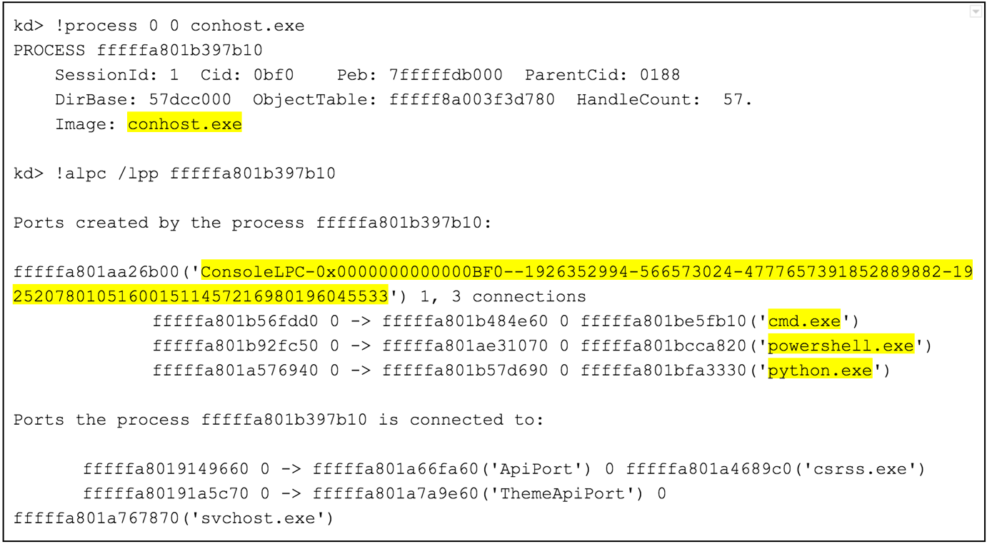 Windbg output for analyzing ALPC ports between a conhost process and multiple console applications on Windows 7