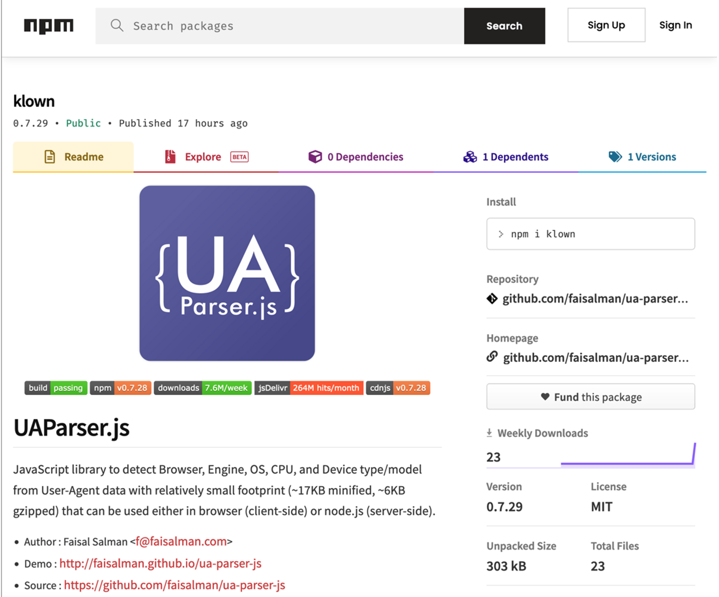 The npmjs.org page for the “klown” package.