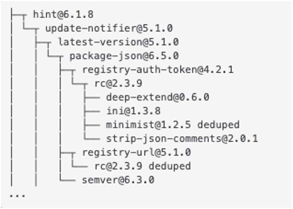 パッケージ「hint」とハイジャックされた依存パッケージ「rc」バージョン 2.3.9 の関係を示す依存関係ツリー