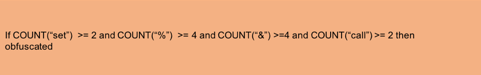 An if-then rule that *may* indicate obfuscation (notice how loose this rule is, and how false positives are likely)