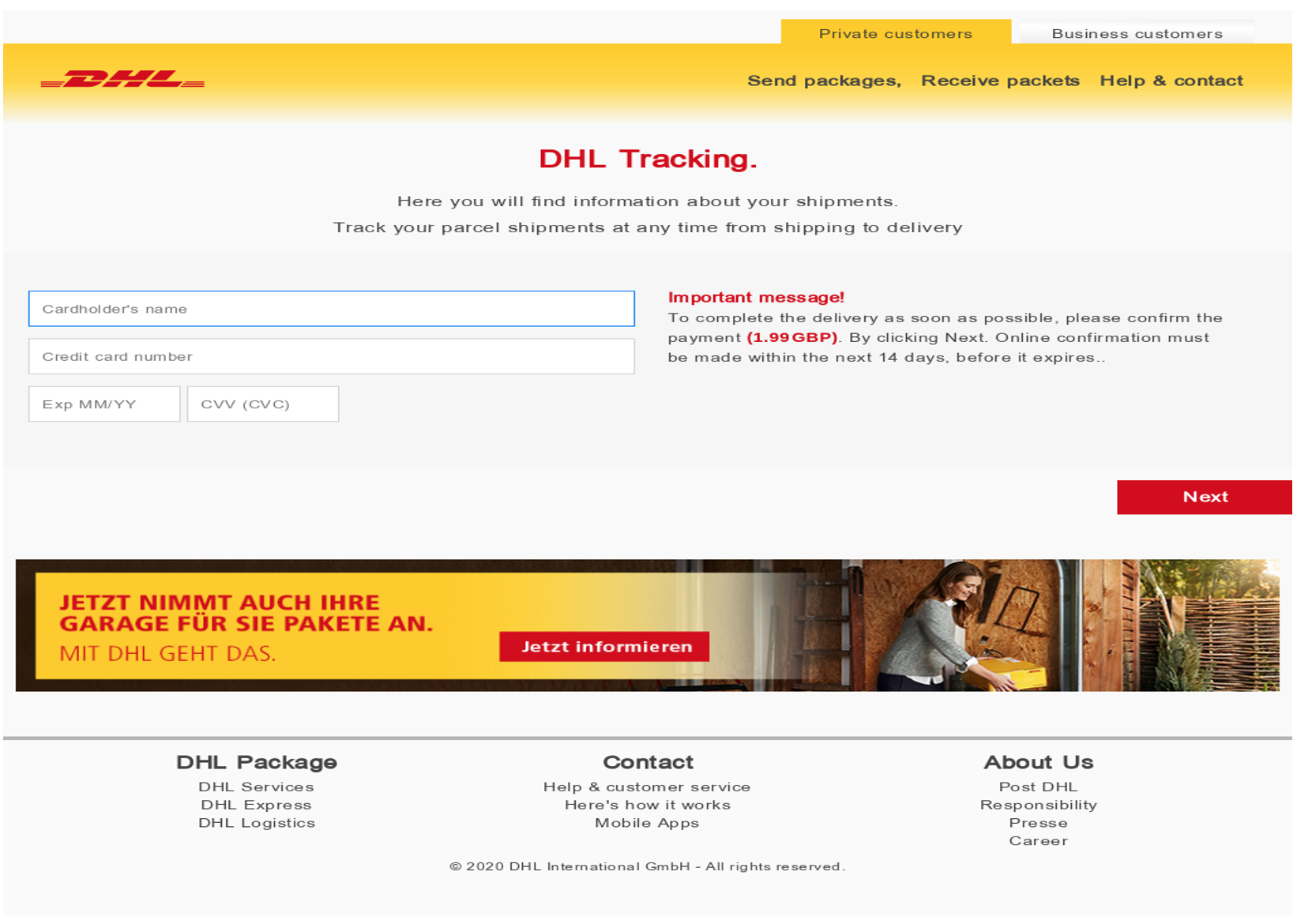 Fake website imitating DHL tracking