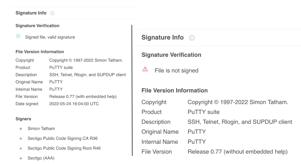 Digital signatures of the officially distributed PuTTY utility (left) and the malicious version (right)