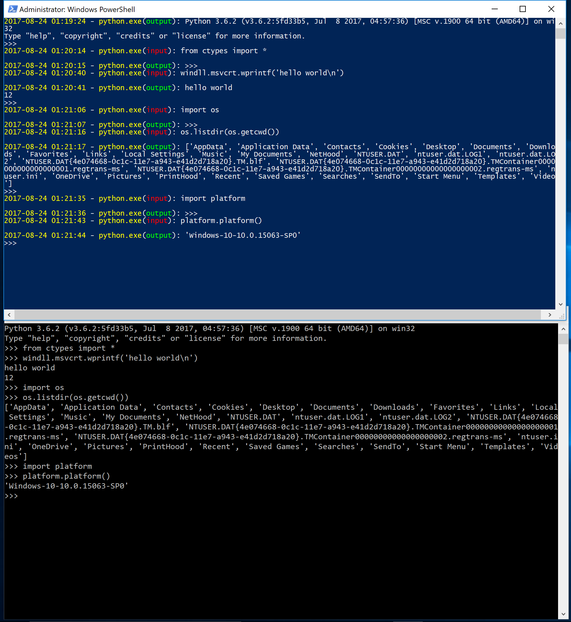 Python コンソール セッションのキャプチャ。ユーザー セッションを下に示し、condrv.sys からキャプチャしたデータを上に示します。