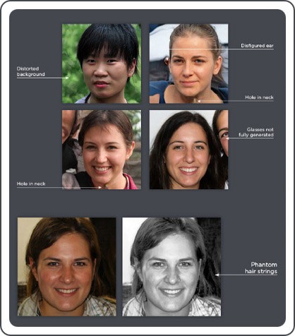 Suspected artificially generated profile photos we’ve seen actively used in IO campaigns, along with example markers of inauthenticity that often clue us into images being artificially generated.