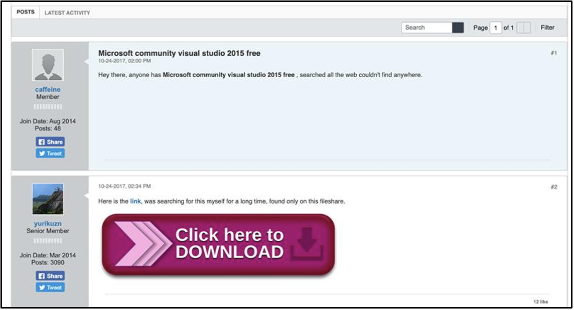 Actor-created discussion board with malicious download link