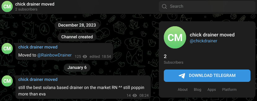 @chickdrainer Telegram channel announcing move to @RainbowDrainer