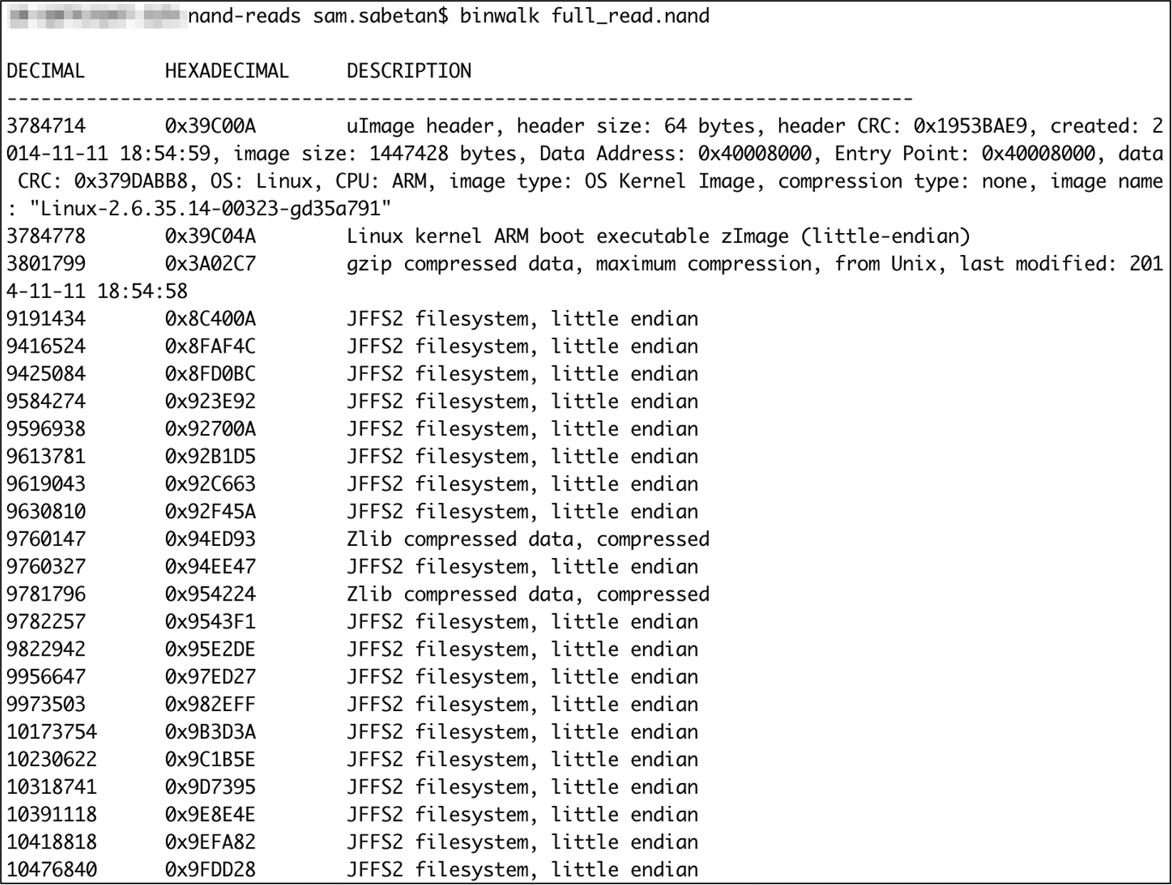 Initial binwalk scan against NAND dump