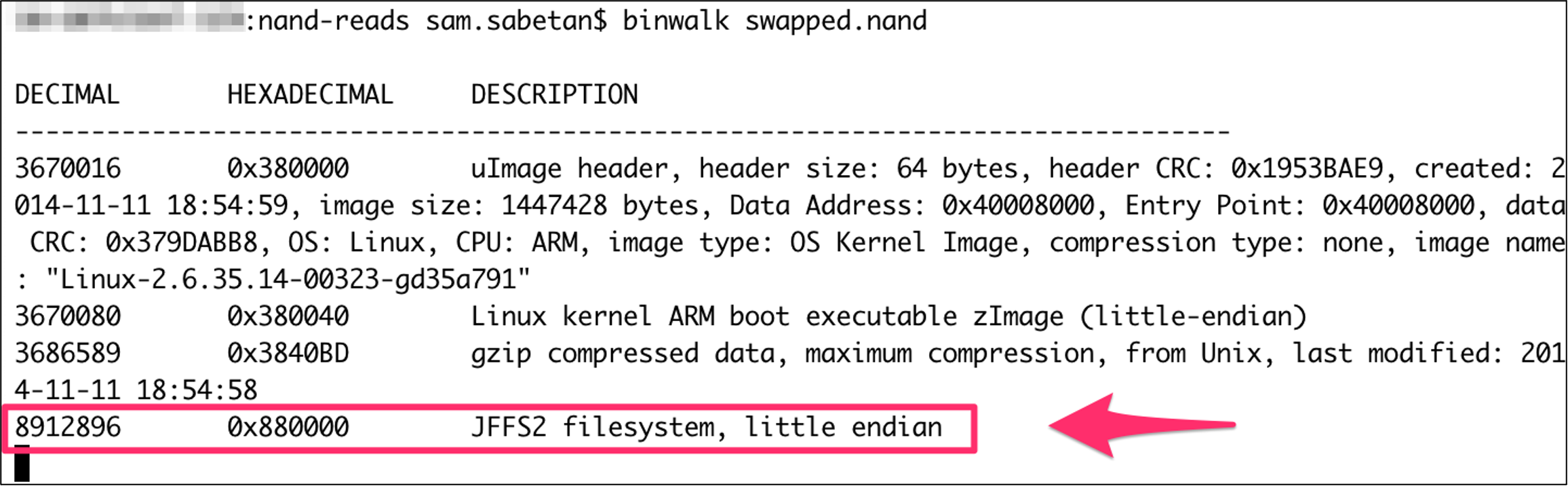 binwalk scan of fixed NAND dump