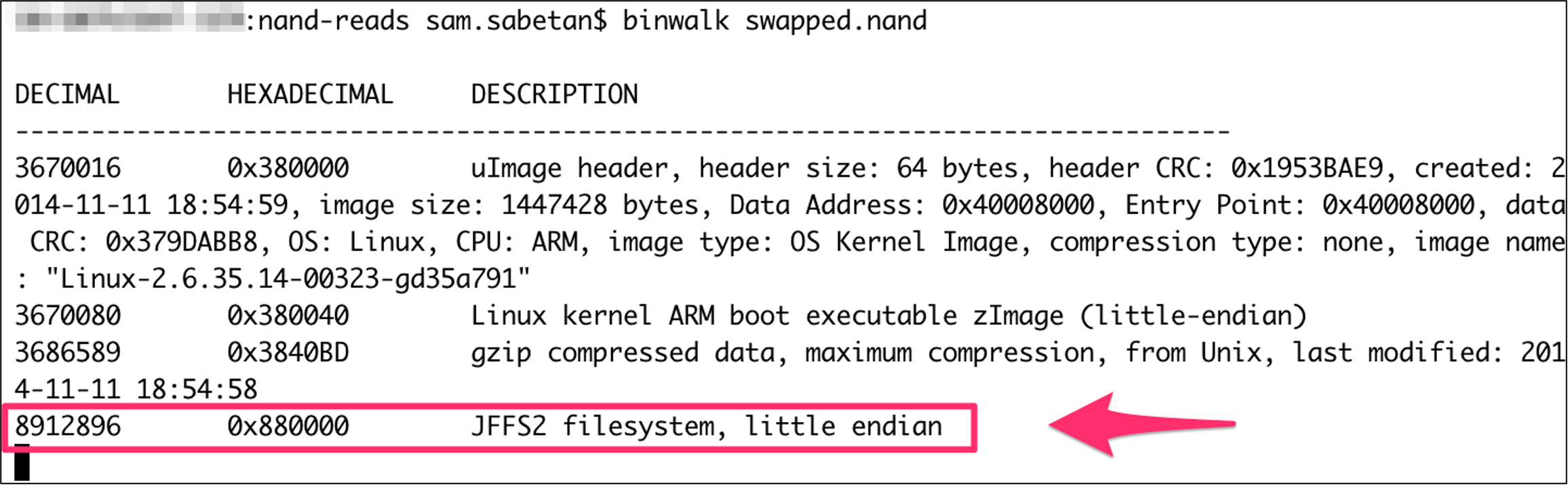 固定 NAND ダンプの binwalk スキャン