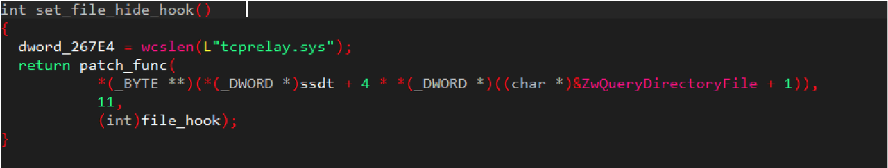 File hiding SSDT patching function shown in IDA Pro