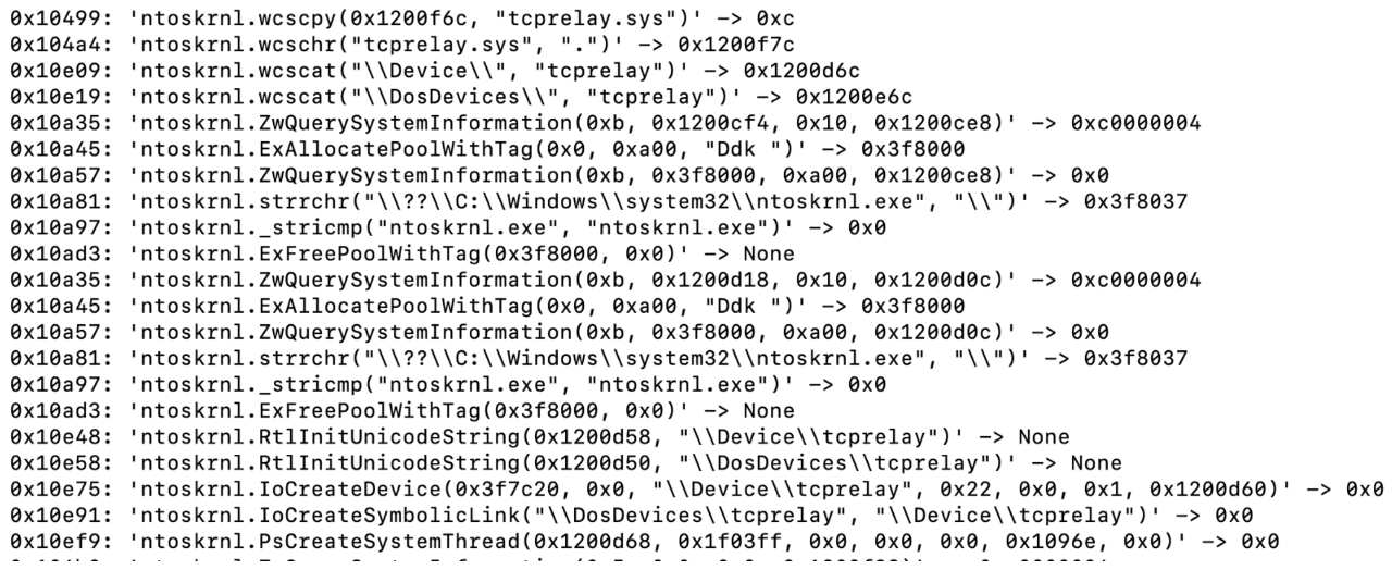 Key functionality in the tcprelay.sys entry point