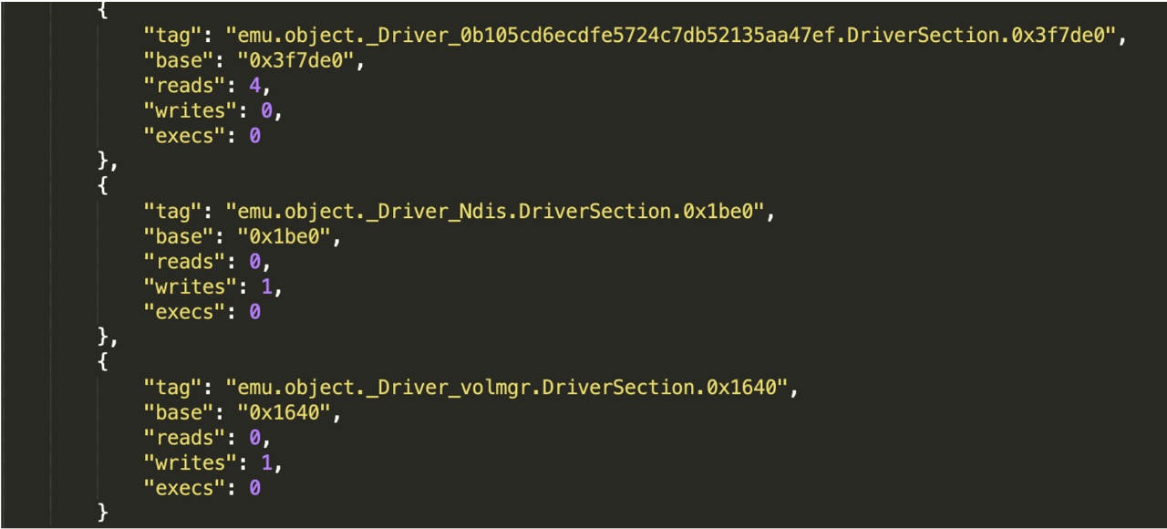 Memory write events representing the tcprelay.sys malware attempting to unlink itself in order to hide