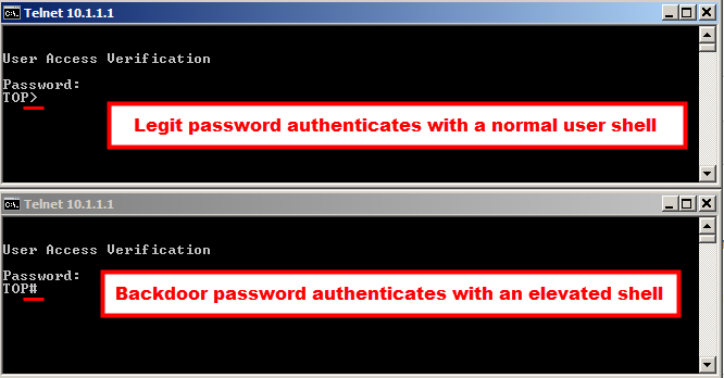 Subtle difference between authenticating using a legitimate password and the backdoor password