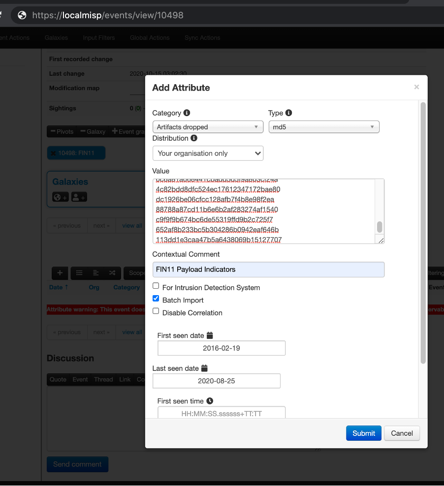 MISP import events into FIN11 event