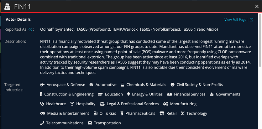 FIN11 actor summary