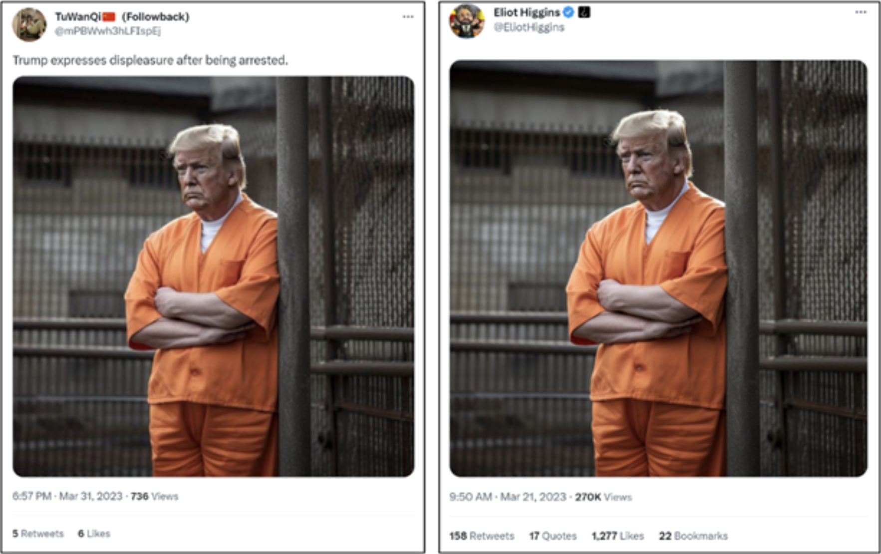 Suspected DRAGONBRIDGE tweet (left) containing AI-generated image created by Eliot Higgins (right) using Midjourney