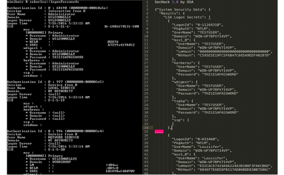 Default outputs for Mimikatz (left) and SecHack (right)