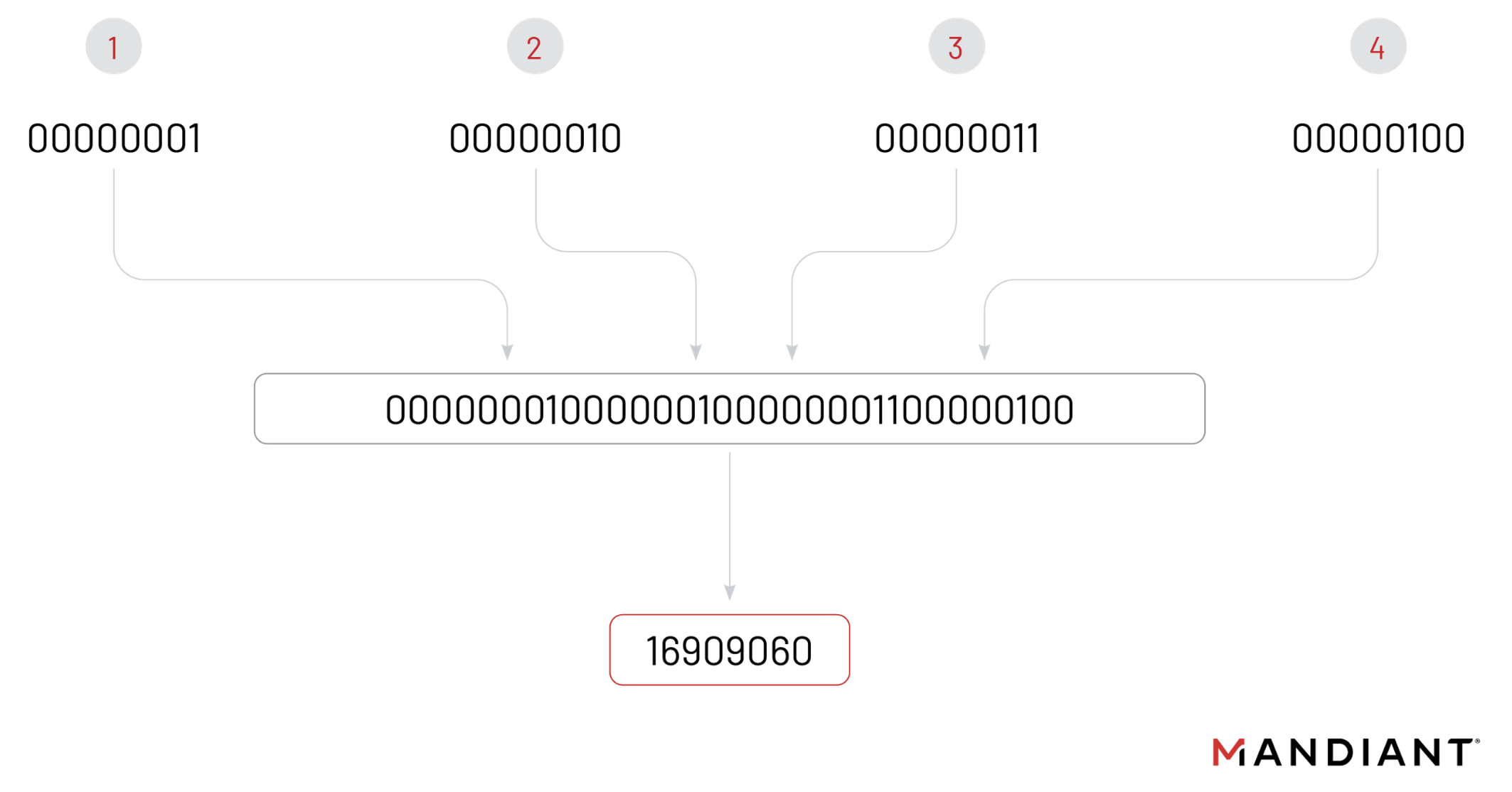 Showing how the IP 1.2.3.4 translates to a decimal representation