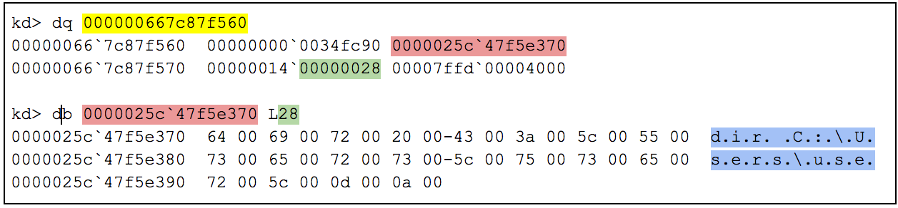 Displaying command data in Windbg