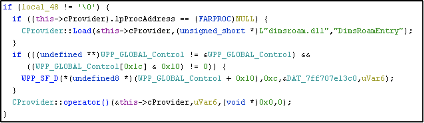 Snippet of code from dimsjob.dll!CDims::Notify where dimsroam.dll!DimsRoamEntry is called