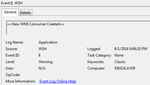 General view of WMI Persistence event log