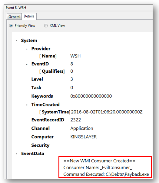 Detailed view of the WMI Persistence event log