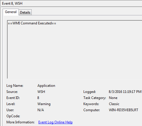 General view of the WMI process creation event log