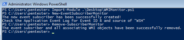 Screenshot showing the import of the WMIMonitor script modules and running each module