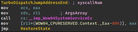 Complex system calls go through Wow64SystemServiceEx