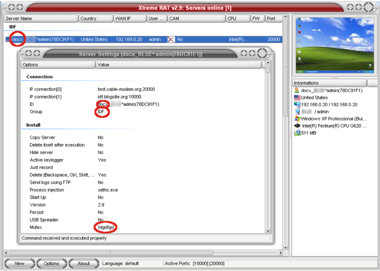 Figure 4: XtremeRAT controller GUI